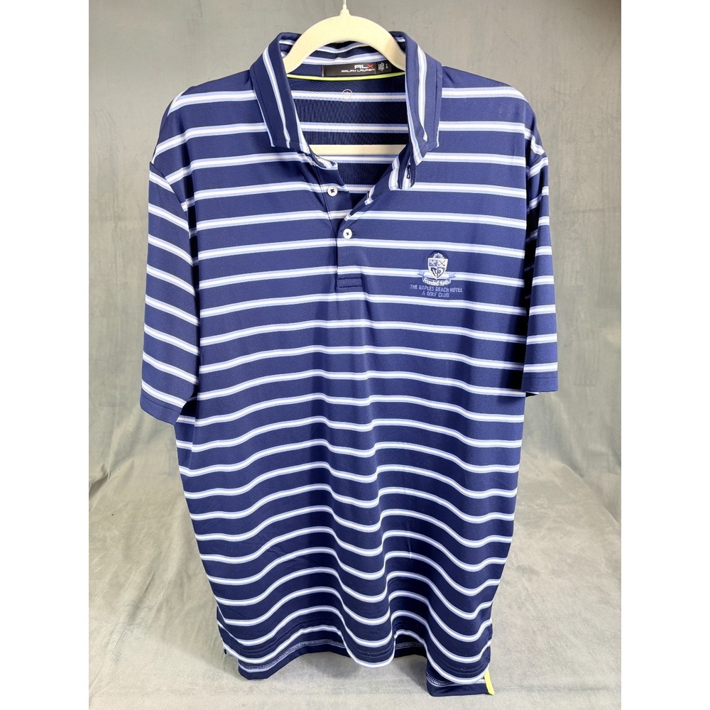 RLX Ralph Lauren Polo Shirt Mens Naples Beach Golf Resort Blue Stripe  EUC     L